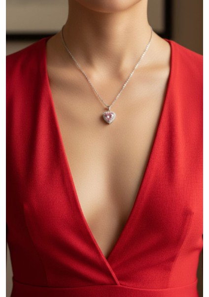 Kalp Kolye Aşk Kolyesi Çelik Zincir Gümüş Renk Pembe Zirkon Taşlı Kalp Kolye modelleri