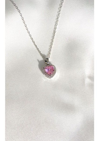 Kalp Kolye Aşk Kolyesi Çelik Zincir Gümüş Renk Pembe Zirkon Taşlı Kalp Kolye fırsatları