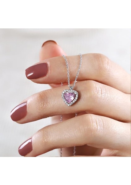 Kalp Kolye Aşk Kolyesi Çelik Zincir Gümüş Renk Pembe Zirkon Taşlı Kalp Kolye indirimleri