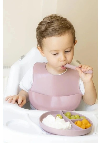 Pembe 3’lü Silikon Yemek Seti – Önlük + Diş Kaşıyıcılı Kaşık + Vakumlu Tabak modelleri