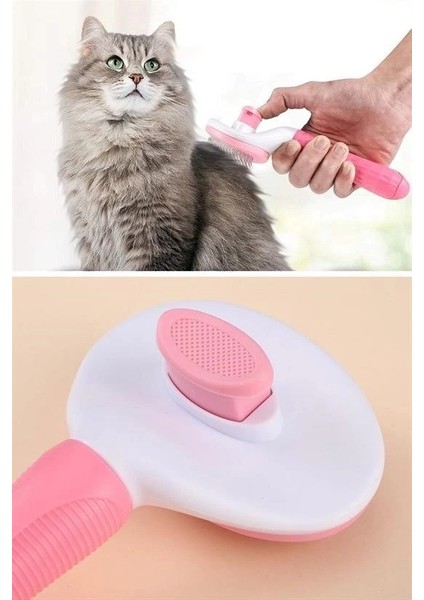 Kedi Köpek Tüy Toplayıcı Kendini Temizleyebilen Ergonomik Saplı Evcil Hayvan Tarağı Pembe