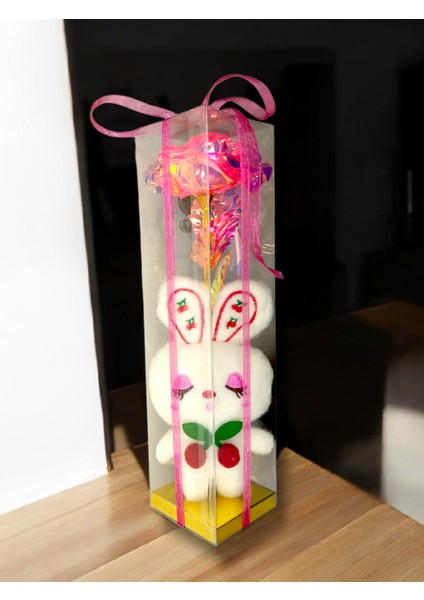 Beyaz Hediye Seti Sevgiliye Sevgililer Günü Hediyesi Sonsuzluk Gülü Asetat Kutu Gold Zemin Kurdale