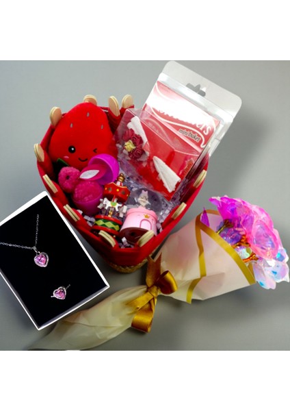 Kırmızı Hediye Sepeti ve Peluş Çilek Gül Kolye Çiçek Buketi Mini Oyuncak Romantik Sürpriz Özel