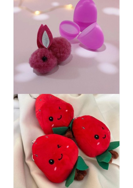 Kırmızı Hediye Sepeti ve Peluş Çilek Gül Kolye Çiçek Buketi Mini Oyuncak Romantik Sürpriz Özel