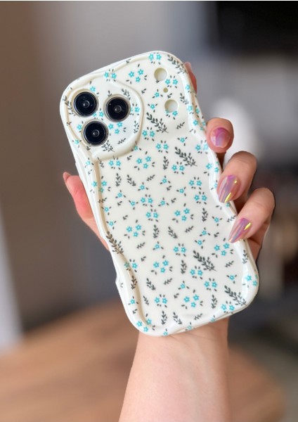 IPHONE 17 Pro Max Mavi Çiçekli Ekru Kılıf