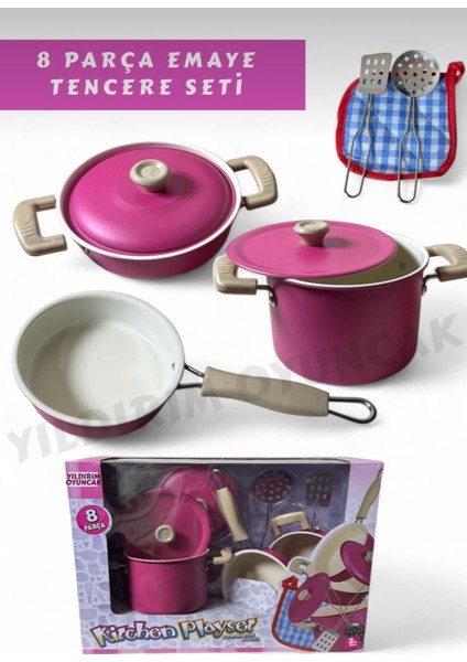 8 Parça Pembe Emaye Tencere Tava Seti-Evcilik Mutfak Tencere Tam Takım Oyuncak Seti Paslanmaz