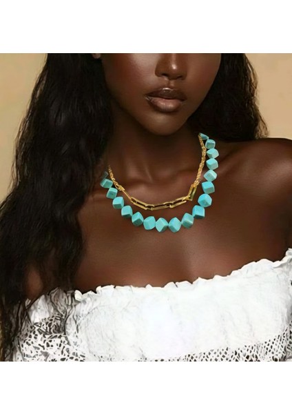 Özel Tasarım Doğal Taş ve Gold Detaylı Kolye (Gold Zincir 38 Cm)