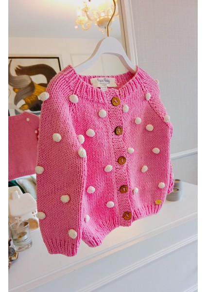 El Örgüsü %100 Pamuk Pembe Ponponlu Hırka