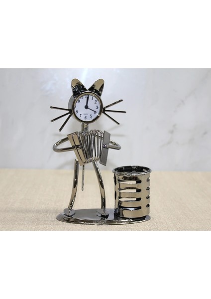 Metal Akordiyon Çalan Müzisyen Kedi Müzisyen Saat ve Kalemlik