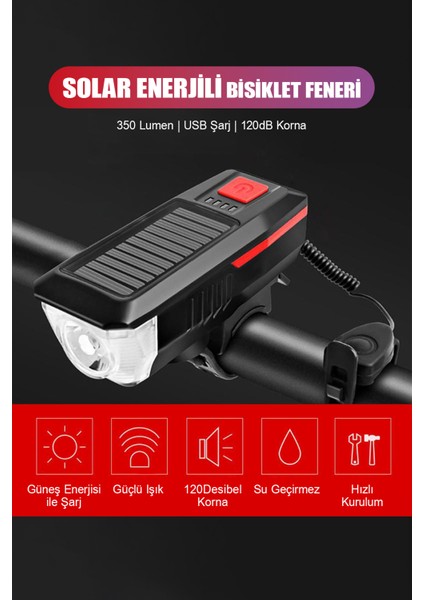 Güneş Enerjili USB Şarjlı Bisiklet Lambası Ön Işık Kornalı Su Geçirmez Ledli Bisiklet Farı Feneri