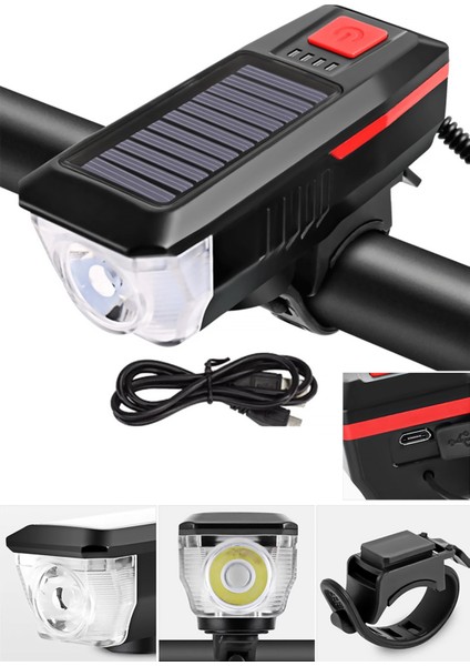 Güneş Enerjili USB Şarjlı Bisiklet Lambası Ön Işık Kornalı Su Geçirmez Ledli Bisiklet Farı Feneri indirimleri