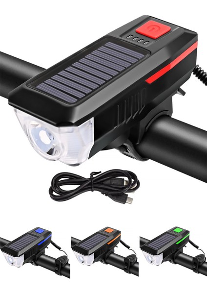 Güneş Enerjili USB Şarjlı Bisiklet Lambası Ön Işık Kornalı Su Geçirmez Ledli Bisiklet Farı Feneri
