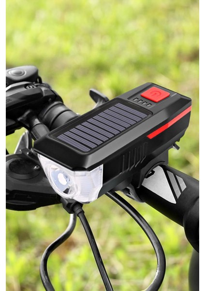 Güneş Enerjili USB Şarjlı Bisiklet Lambası Ön Işık Kornalı Su Geçirmez Ledli Bisiklet Farı Feneri