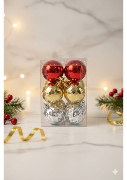 Yılbaşı Süs Topları 5 cm 6 Ad Desenli Parlak 3 Renk 2 Şer Ad Cici Reknler