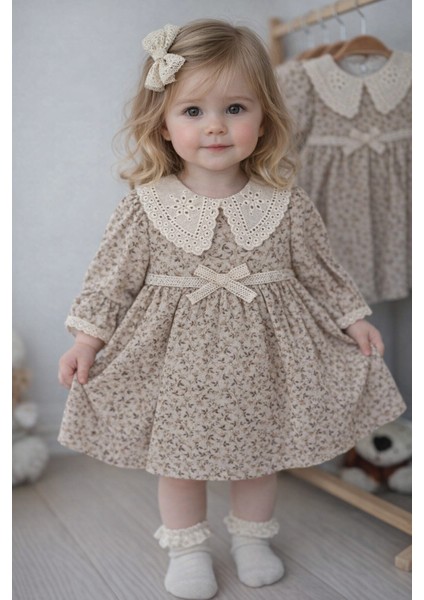 Kahverengi Çiçekli Yaka Detaylı Kız Çocuk Keten Elbise