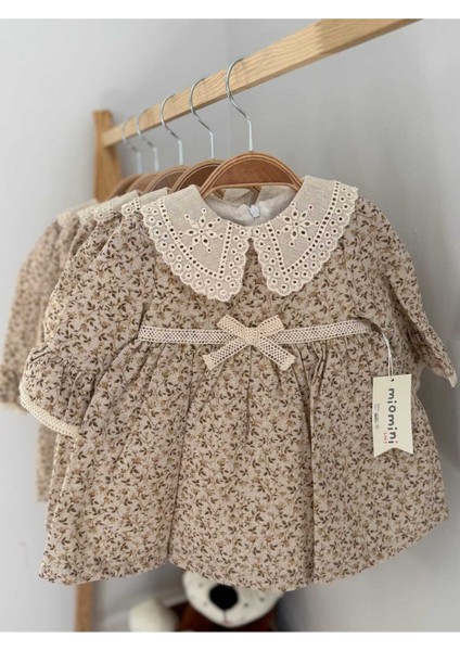 Kahverengi Çiçekli Yaka Detaylı Kız Çocuk Keten Elbise fiyatları