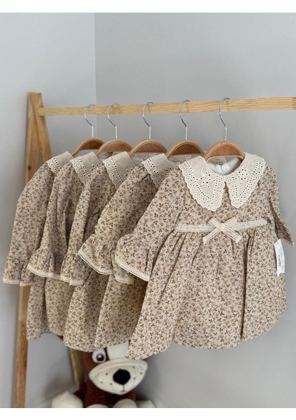 Kahverengi Çiçekli Yaka Detaylı Kız Çocuk Keten Elbise modelleri
