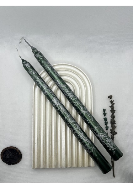 Mermer Desenli Metalik Yeşil Dekoratif Gümüş Şamdan Çift Seti