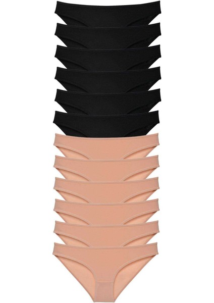 12 Adet Süper Eko Set Likralı Kadın Slip Külot Siyah Ten