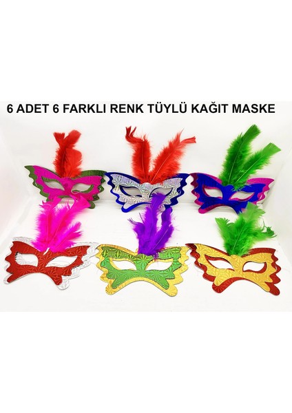 Tüylü Kağıt Parti Venedik Balo After Maskesi 6 Adet ( Lisinya )