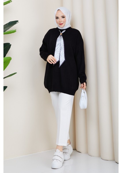 Kadın Bisiklet Yaka Fularlı Triko Tunik -PMK496