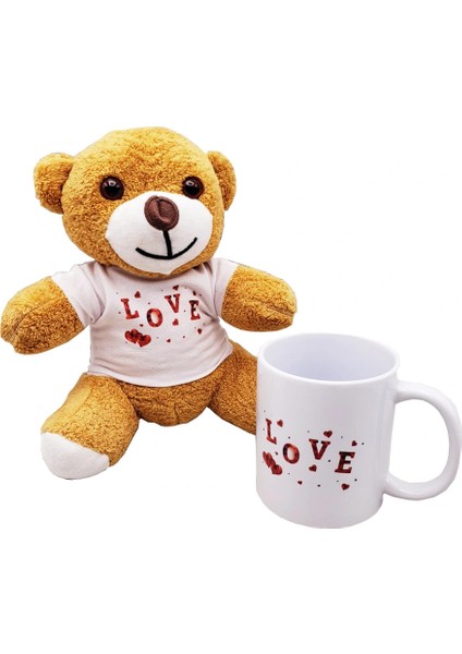 Love Baskılı Kahverengi Ayıcık ve Kupa Hediye Seti