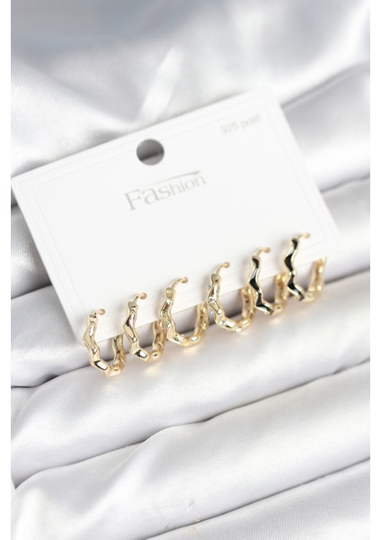 Gold Renk Pirinç Zikzak Model 925 Ayar Gümüş Çivili Kadın Küpe Seti - TJ-BKP11264