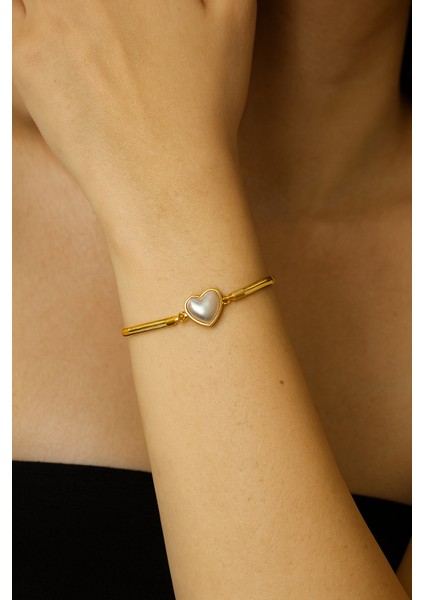 Kadın Italyan Zincir Beyaz Sedefli Kalp Celik Bileklik