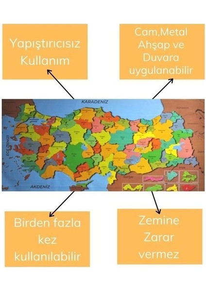 Renkli Türkiye Haritası Manyetik Yapıştırıcı Gerektirmeyen Duvar Stickerı 118 cm * 56 cm ( Lisinya )