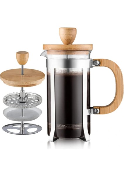 Ahşap Detaylı 600 ml Cam French Press ( Lisinya )