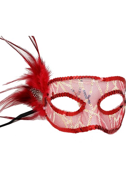 Kırmızı Yandan Tüylü Payetli Parti Maskesi ( Lisinya )