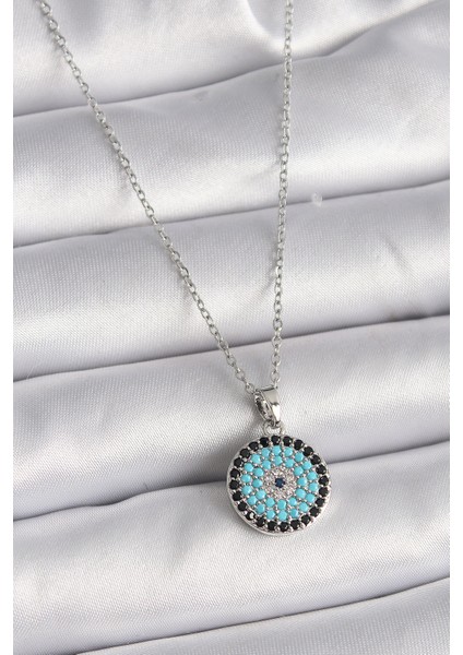 316L Çelik Gümüş Renk Zincir Nazar Boncuk Madalyon Model Kadın Kolye - TJ-BKO9485