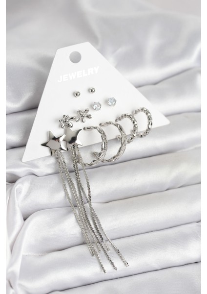 Gümüş Renk Pirinç 6 Çift Kadın Küpe Seti - TJ-BKP11338