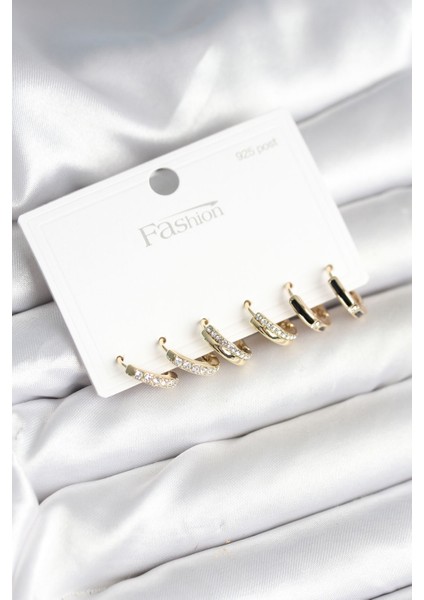 Pirinç Gold Renk 925 Ayar Gümüş Çivi Kadın Küpe Seti - TJ-BKP11275