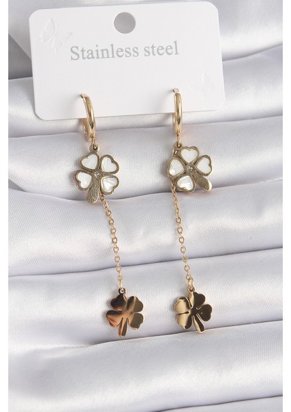 316L Çelik Gold Renk Sedefli Yonca Model Zirkon Taş Detay Kadın Küpe - TJ-BKP9573