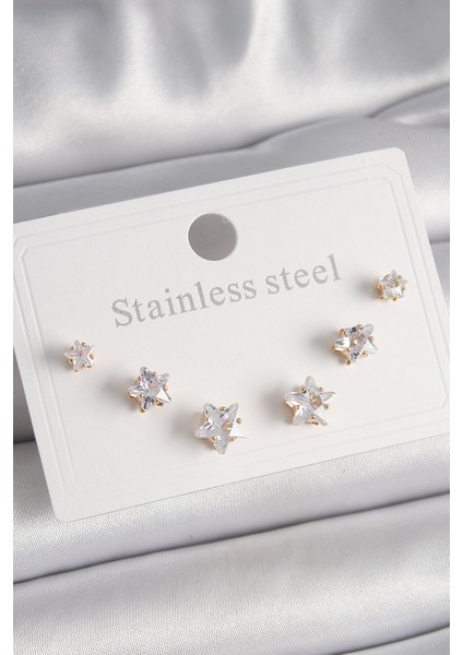 316L Çelik Gold Renk Zirkon Taşlı Yıldız Model Kadın Küpe Seti - TJ-BKP9882