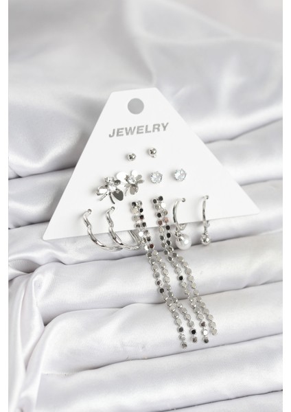 Pirinç Gümüş Renk 6 Çift Kadın Küpe - TJ-BKP11336