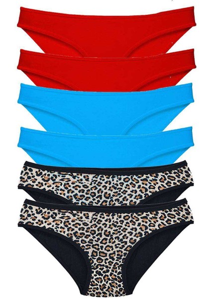 6 Adet Likralı Kadın Slip Külot Leopar Kırmızı Mavi