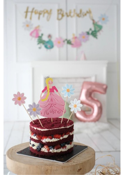 Çok Renkli Prenses ve Çiçek Figürlü 5'li Kürdan Pasta Süsü