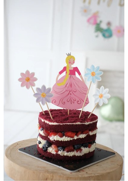 Çok Renkli Prenses ve Çiçek Figürlü 5'li Kürdan Pasta Süsü modelleri