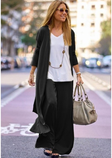 Kadın Uzun Kollu Önü Açık Viskon Ceket ve Pantolon Ikili Takım fırsatları