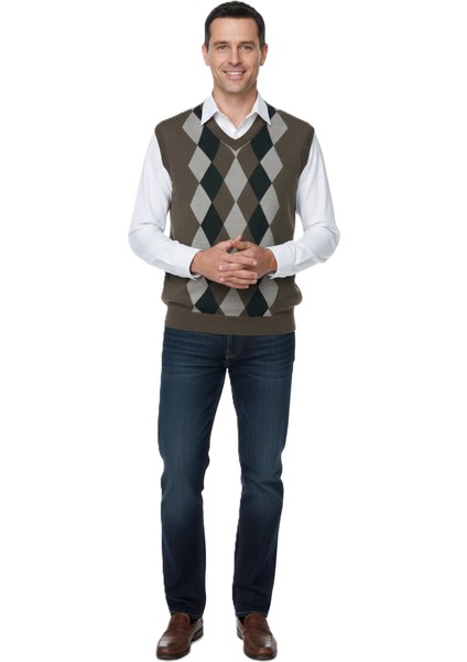 Erkek Kışlık Süveter Rahat Kesim Triko Dokuma V Yaka Klasik Baklava Desenli