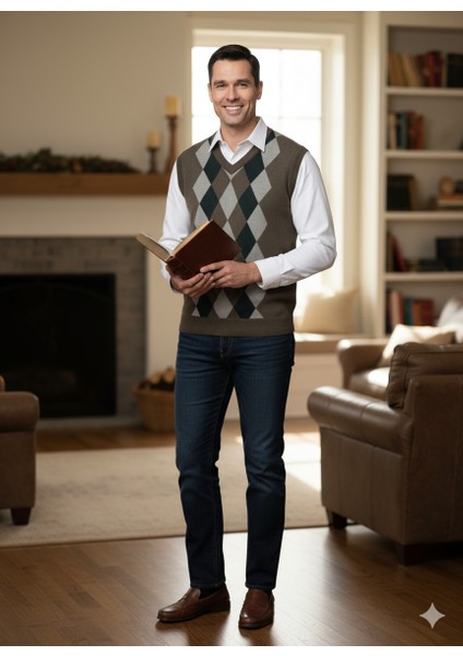 Erkek Kışlık Süveter Rahat Kesim Triko Dokuma V Yaka Klasik Baklava Desenli modelleri