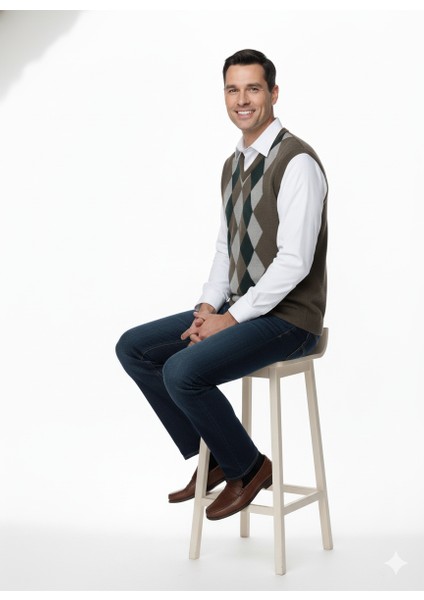 Erkek Kışlık Süveter Rahat Kesim Triko Dokuma V Yaka Klasik Baklava Desenli fırsatları