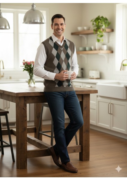 Erkek Kışlık Süveter Rahat Kesim Triko Dokuma V Yaka Klasik Baklava Desenli indirimleri