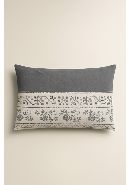 Veronika 2 Li Gri Desenli Pamuklu Kumaş Fermuarlı Yastık Kılıfı