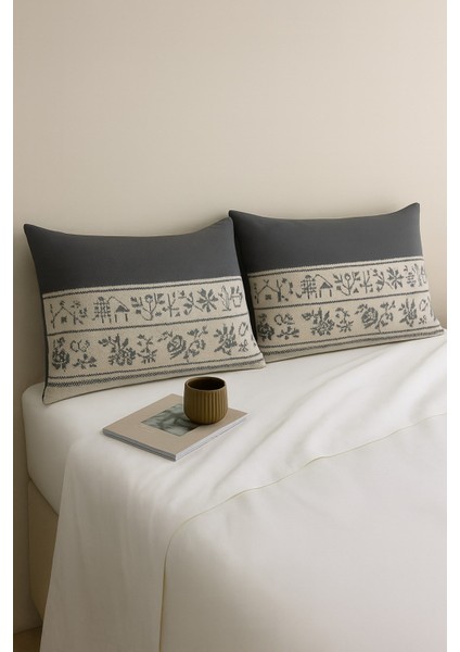 Veronika 2 Li Gri Desenli Pamuklu Kumaş Fermuarlı Yastık Kılıfı modelleri