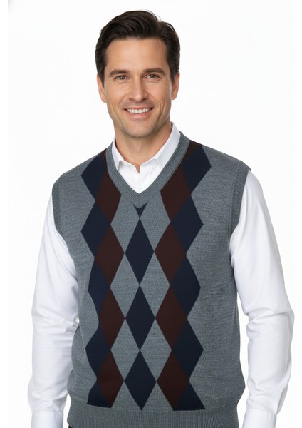 Erkek Kışlık Süveter Rahat Kesim Triko Dokuma V Yaka Klasik Baklava Desenli