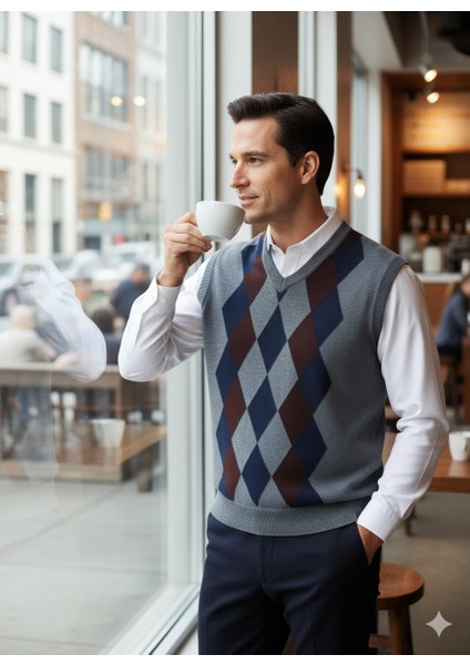 Erkek Kışlık Süveter Rahat Kesim Triko Dokuma V Yaka Klasik Baklava Desenli modelleri