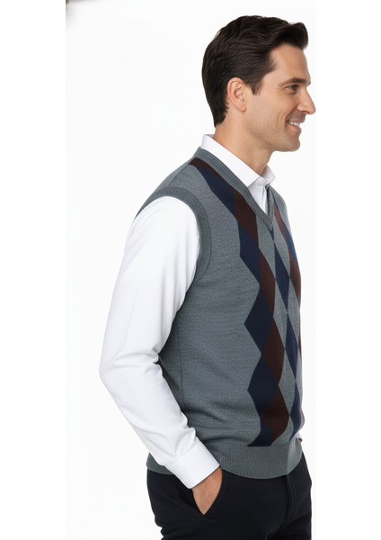 Erkek Kışlık Süveter Rahat Kesim Triko Dokuma V Yaka Klasik Baklava Desenli fırsatları